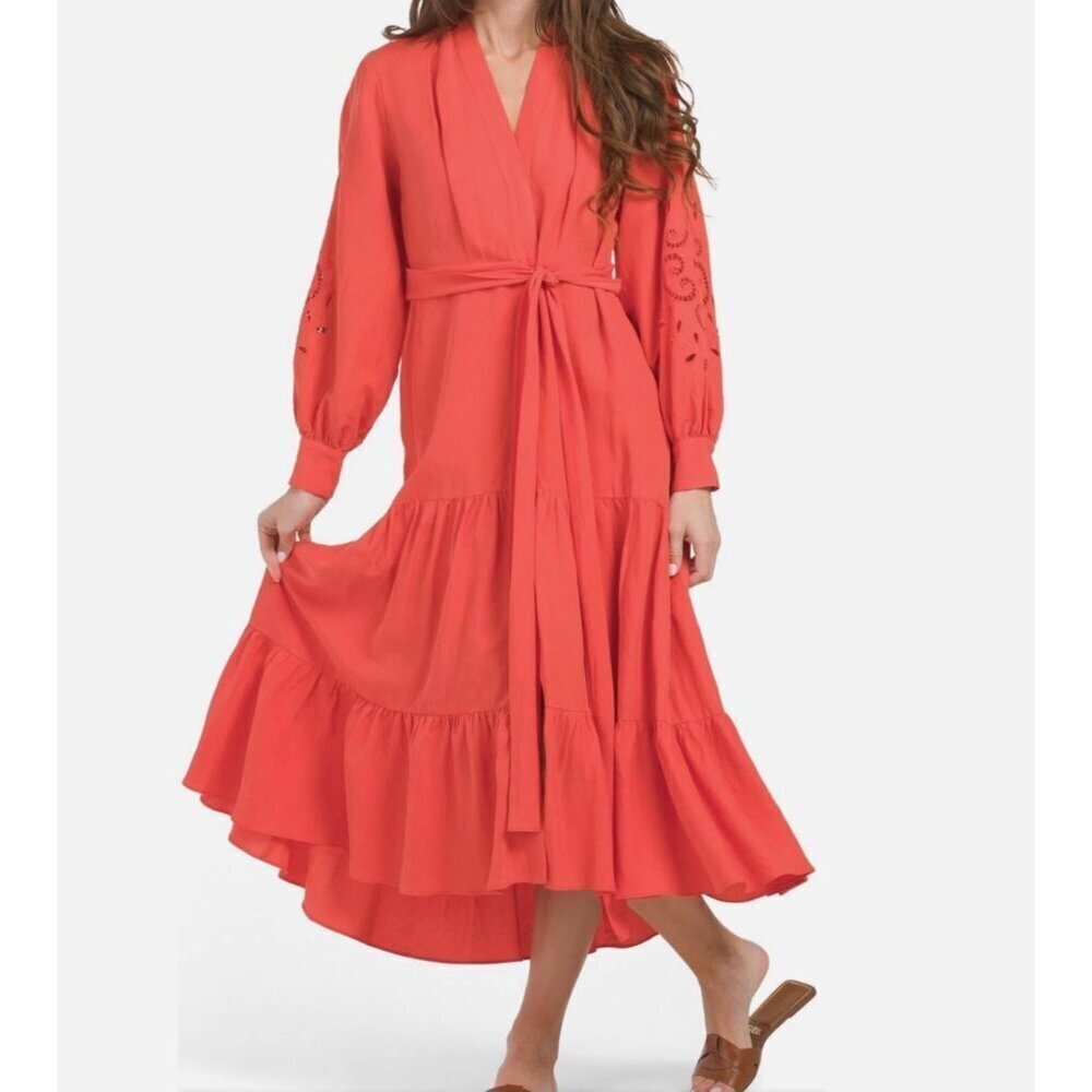 Kobi Halperin Mandi Dress Orange Long Sleeve Maxi Button Down Tie Waist Small